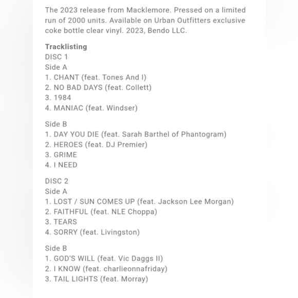 Macklemore Ben Limited Edition Vinyl 2XLP  in Coke Bottle Clear NWT - Picture 2 of 4